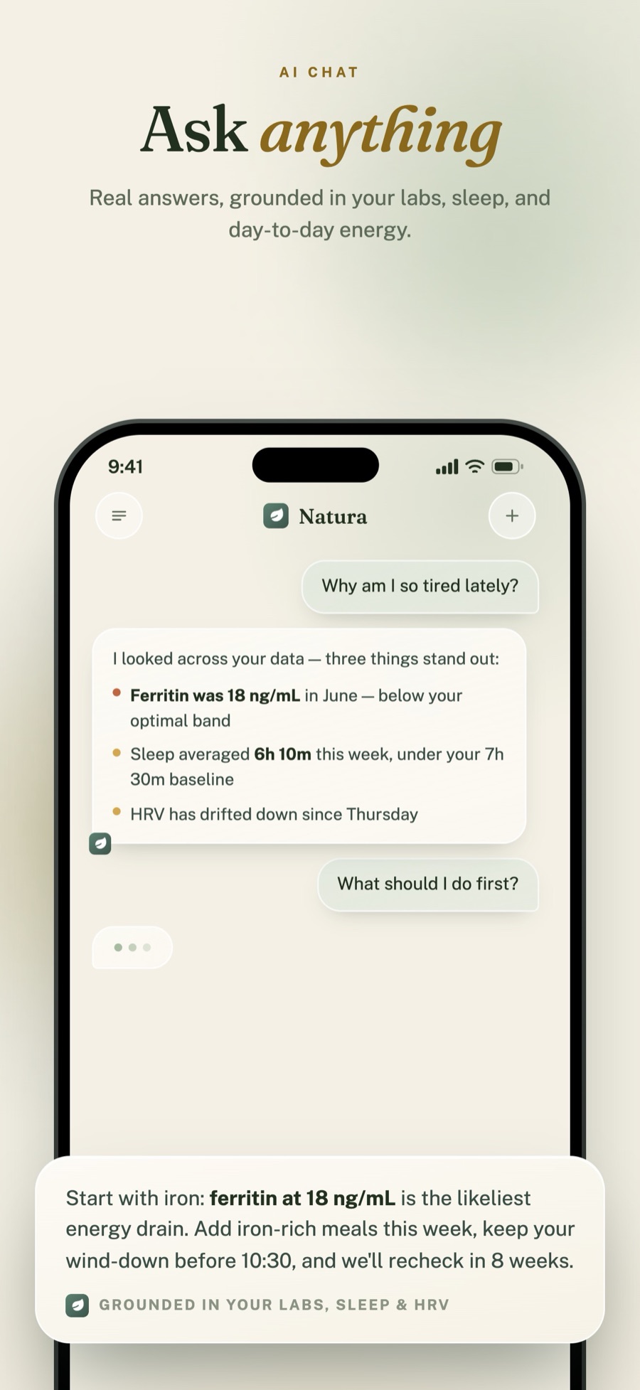 Natura chat screen answering 'Why am I so tired lately?' from the member's own data