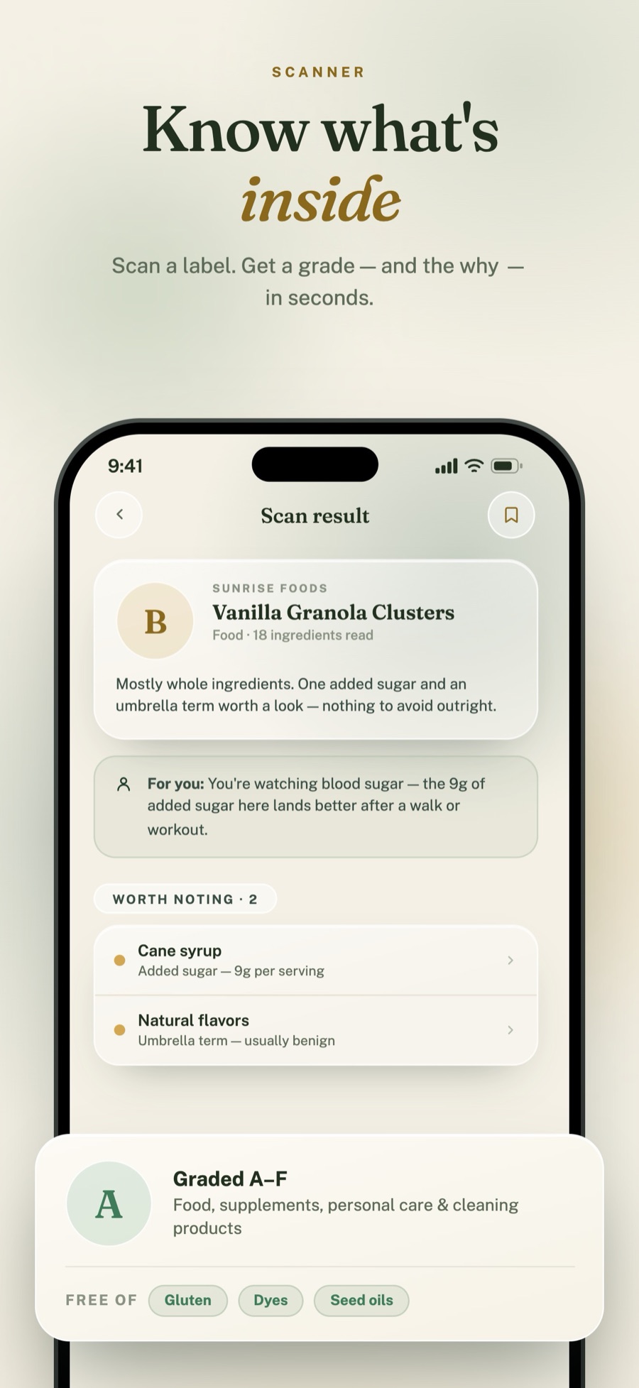 Natura scan result grading a granola label B with ingredients worth noting